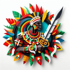 Striking papercraft Zulu warrior with elaborate headdress and weaponry