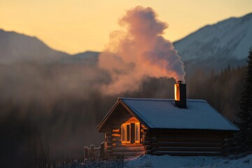 Cozy cabin with smoke rising from the chimney, perfect for winter scenes or rustic settings