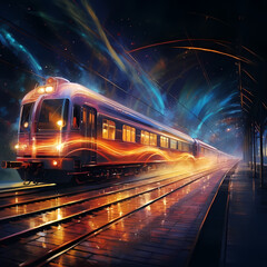 Fototapeta premium Time-traveling train leaving streaks of light.