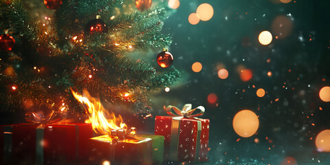 Burning Christmas Tree with Gifts in Flames