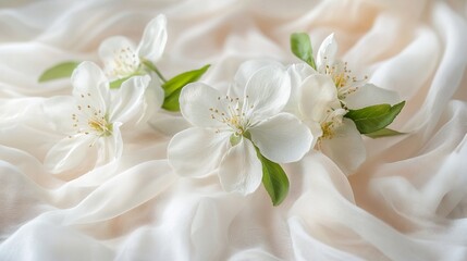 Fototapeta premium Elegant White Flowers Arranged Neatly on a Soft White Cloth Creating a Serene and Pure Atmosphere