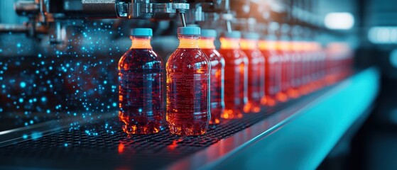 Automated beverage bottling line filling plastic bottles with reddish-orange liquid demonstrating innovations in modern manufactu and production technology