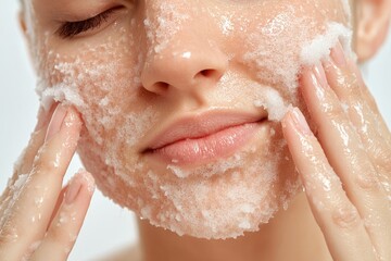 A close-up image of a woman using foam to shave her face