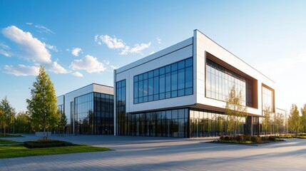 Fototapeta premium Modern multi-story office building complex with large glass and white exterior walls under bright partly cloudy sky and landscaped grounds
