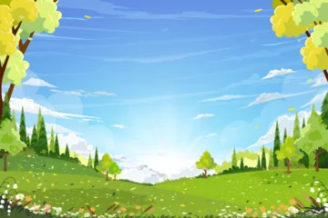 Naadloos Fotobehang Airtex Sky blue, cloud for Spring background,Nature landscape in village with meadow, rural road on hill, cloudy in sunny,Vector cartoon Summer landscape countryside with mountains, wild flowers field © Anchalee