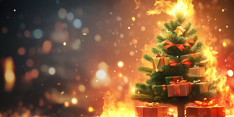 Burning Christmas Tree with Gifts in Flames