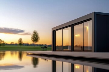 Fototapeta premium Contemporary minimalist tiny house featuring expansive glass walls for a bright and open living space.