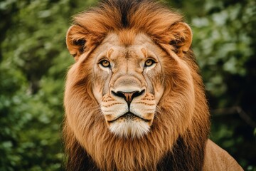 Fototapeta premium A close-up view of a lion's face with trees in the background, suitable for wildlife or nature-themed projects
