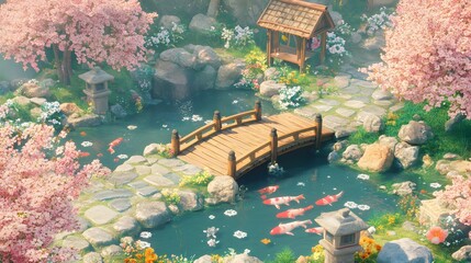 Sakura Garden: A serene Japanese garden scene with koi swimming in a pond, cherry blossoms in full bloom, a bridge and small wooden structure.