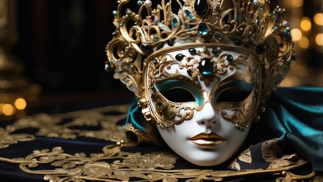 Close-up of an ornate, dark-colored masquerade mask with delicate gold detailing