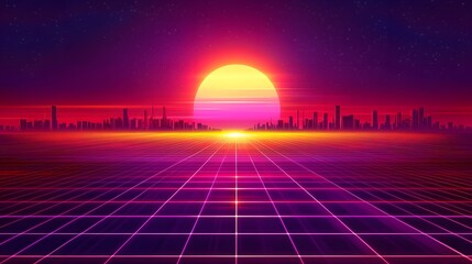 Synthwave Sunset Cityscape: Capturing a vibrant synthwave-style landscape with a retro futuristic aesthetic, a radiant sunset bathes the city skyline in hues of pink and purple with grid lines. 