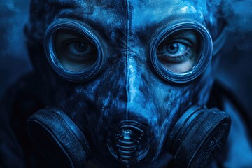 A person is shown wearing a gas mask while inhaling smoke, potentially indicating a hazardous environment