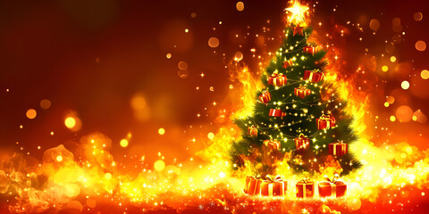 Burning Christmas Tree with Gifts in Flames