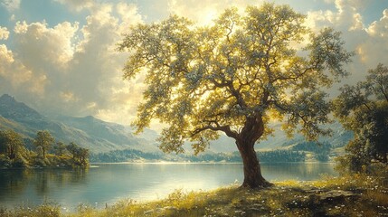 Serene lakeside scene with golden tree under a bright sky, mountains beyond