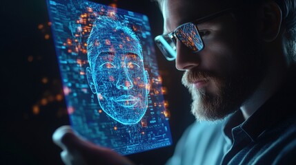 A focused bearded man with glasses analyzing a translucent digital interface showcasing a wireframe representation of a human face, facial recognition tech