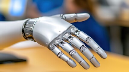 Technology, flexibility, movement and stability concept. A close-up view of a robotic hand, showcasing intricate mechanical details and joints, reflecting advancements in technology and robotics.