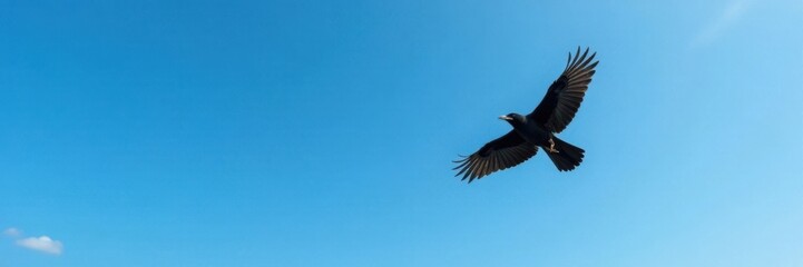 Crow in flight against blue sky, feathers, birds