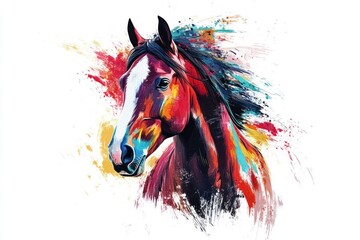 A realistic portrait of a horse with abstract strokes in vibrant colors, set against a white background. The dynamic brushwork adds energy to the composition,  