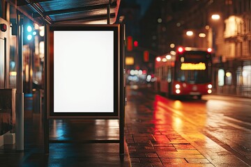 A blank advertising display in a city setting at nighttime