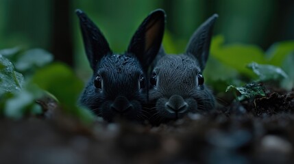 Fototapeta premium Two adorable black and grey rabbits peeking out of the earth in a lush forest setting