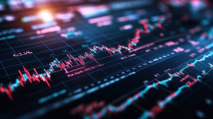 Close-up view of a digital financial screen displaying complex data with fluctuating graphs, numbers in red and blue tones against a dark background layout