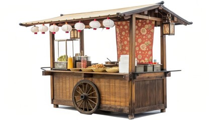 Traditional street food cart with decorative lanterns and a rustic wooden design.