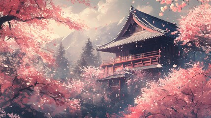 Cherry Blossom Temple: An Asian temple amidst a vibrant display of cherry blossoms, creating a scene of tranquility and natural beauty.