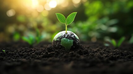 World Soil Day. It shows a green globe at the top, Beneath that, there is a small plant sprouting from soil, symbolizing growth, soil health, and care for the environment.paper art cut style.