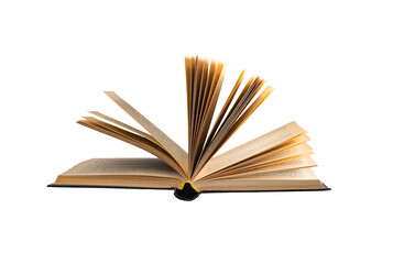 Open book, pages flipping, on white background. Vintage hardcover, worn edges, representing knowledge and history. Textbook, dictionary, educational publication. Retro concept of learning, study, and.