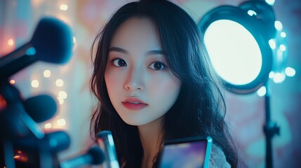 Young Asian cute artist woman beauty vlogger or blogger doing a cosmetic makeup tutorial vlog with brushes looking camera smartphone,recording viral clip share on social media live streaming Internet