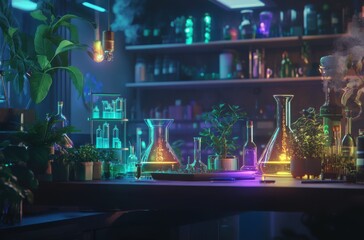 Scientific setup with glowing liquids, delicate plants,