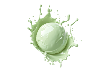 Green Ice cream scoop or ball with splash Isolated on White and Transparent Background PNG Image.
