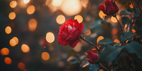 Romantic Red Rose with Glowing Bokeh Lights