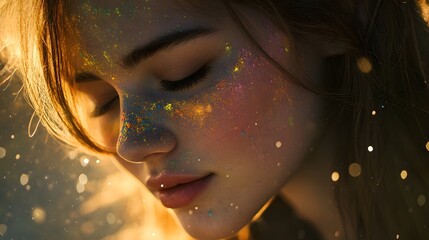 The serene beauty: A young woman in deep contemplation. Her expression is gentle and eyes gently closed, captured in a dreamlike ambiance with soft colors and an enchanting touch.