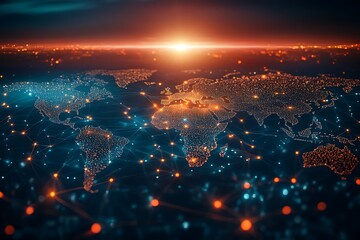 Global network connecting world cities with data flow and sunrise