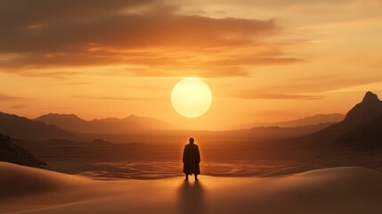 Obraz premium A solitary figure stands on desert sand, gazing at a stunning sunset, embodying peace and reflection in a tranquil landscape.