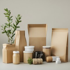 Sustainable Packaging Showcase: An array of eco-friendly packaging options elegantly arranged, highlighting a commitment to sustainability and responsible consumption.