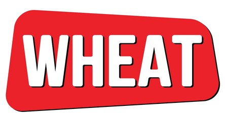 WHEAT text on red trapeze stamp sign.