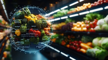 Digital globe of fresh vegetables featu bell peppers, broccoli, and carrots against a blurred background of a supermarket produce aisle display