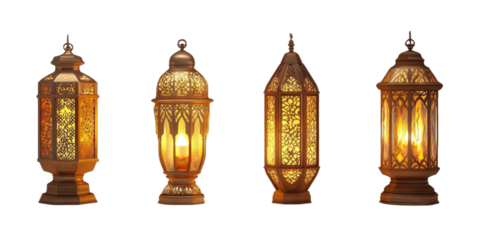 Set of 5 glowing lanterns, ramadan eid, isolated