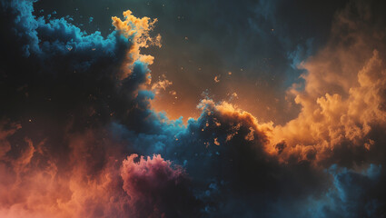 Fototapeta premium Breathtaking dramatic clouds with fiery and dark blue tones. Ideal for fantasy, sci-fi, and dreamlike visuals