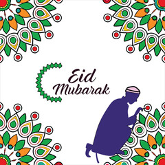 A sophisticated pattern-based design with colorful Islamic geometric motifs surrounding Eid Mubarak in Arabic and English.