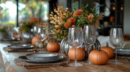 Naklejka premium Autumnal Thanksgiving table setting with pumpkins, flowers, and glassware.