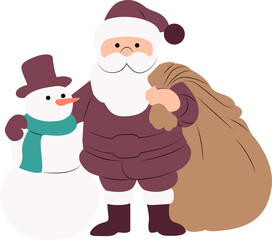 Santa with a snowman, sack of gifts, snowy background