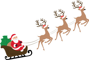 Three happy reindeer pulling Santa and presents