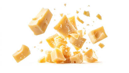 Pieces of delicious parmesan cheese flying on white background