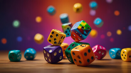Colorful Dice Tumbling on Wooden Surface with Blurred Lights

