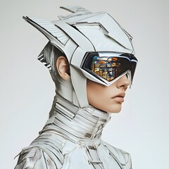 Futuristic Fashion Portrait: A stunning model, adorned in an avant-garde helmet and futuristic attire, stares ahead with an air of mystery, portraying a vision of tomorrow's style.