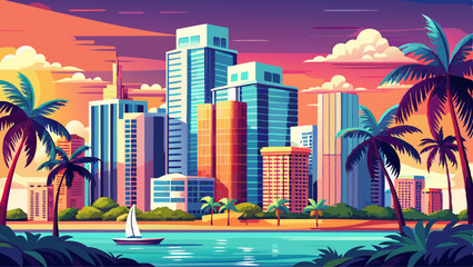 Obraz premium High-rises crowd the downtown Miami skyline along waterfront seen through palm tress in South Florida, United States