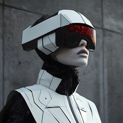 Cyberpunk Vision: A futuristic woman, adorned in a sleek, futuristic helmet, embodies the essence of cyberpunk aesthetics and technological innovation. Captivating the mystery and allure.